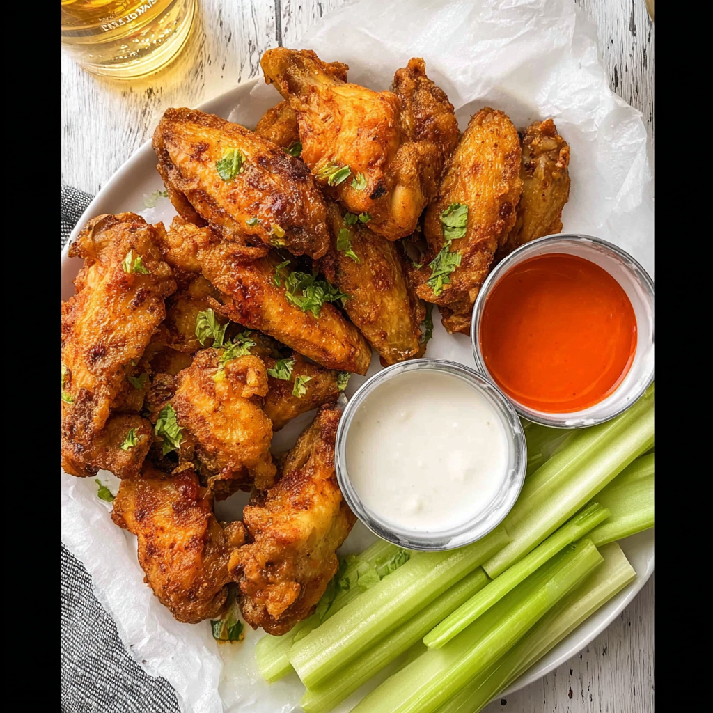Crispy baked chicken wings on rack with veggies