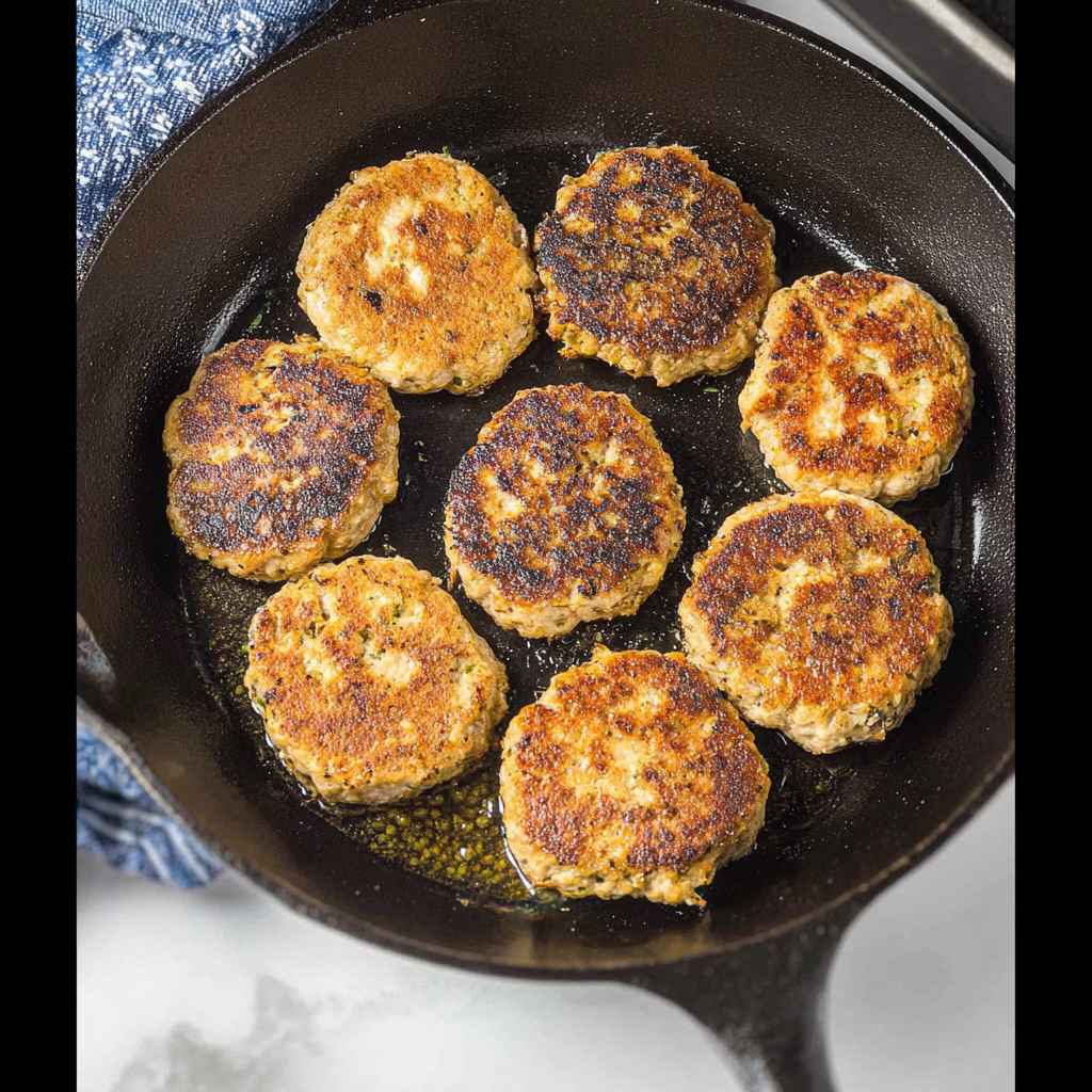 Chicken Sausage Made Easy: Fast, Fresh, Bold 4 Homemade chicken sausage patties sizzling in skillet