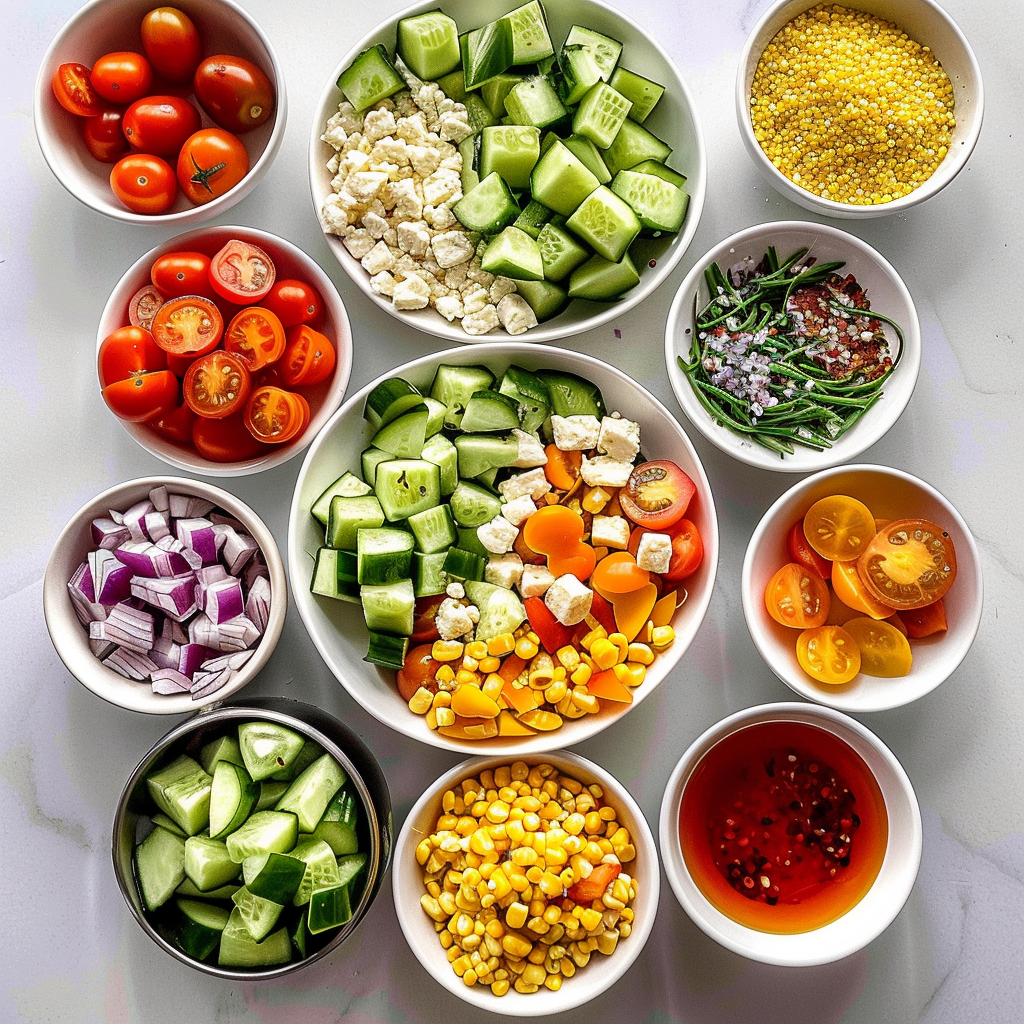 Summer Salad – A Colorful, Flavor-Packed Recipe Straight From My Texas Kitchen 8 Fresh chopped summer salad ingredients on cutting board