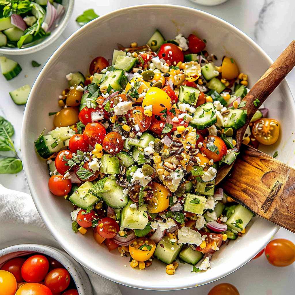 Summer Salad – A Colorful, Flavor-Packed Recipe Straight From My Texas Kitchen 6 Colorful summer salad in white bowl with goat cheese and fresh herbs