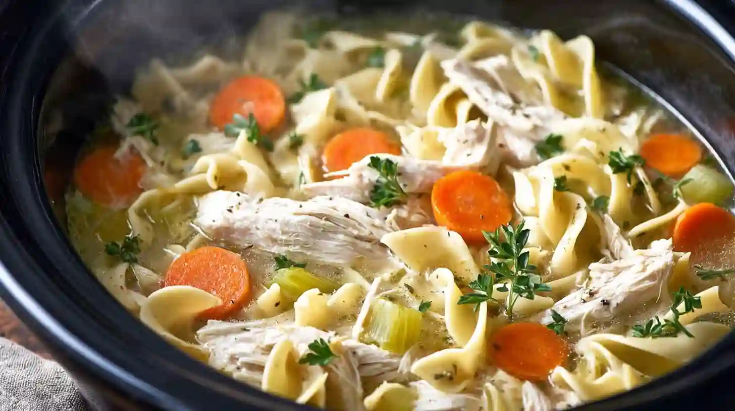 crockpot chicken noodle soup in a rustic home kitchen