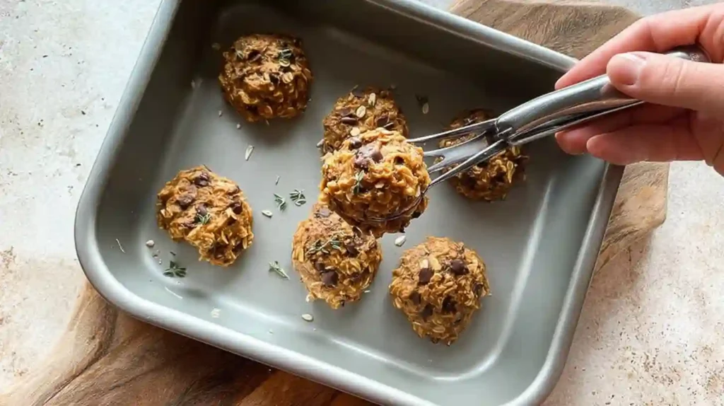 Scooping chewy oatmeal chocolate chip cookie dough onto tray