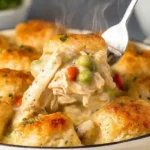 Chicken and dumplings with biscuits served hot from a skillet