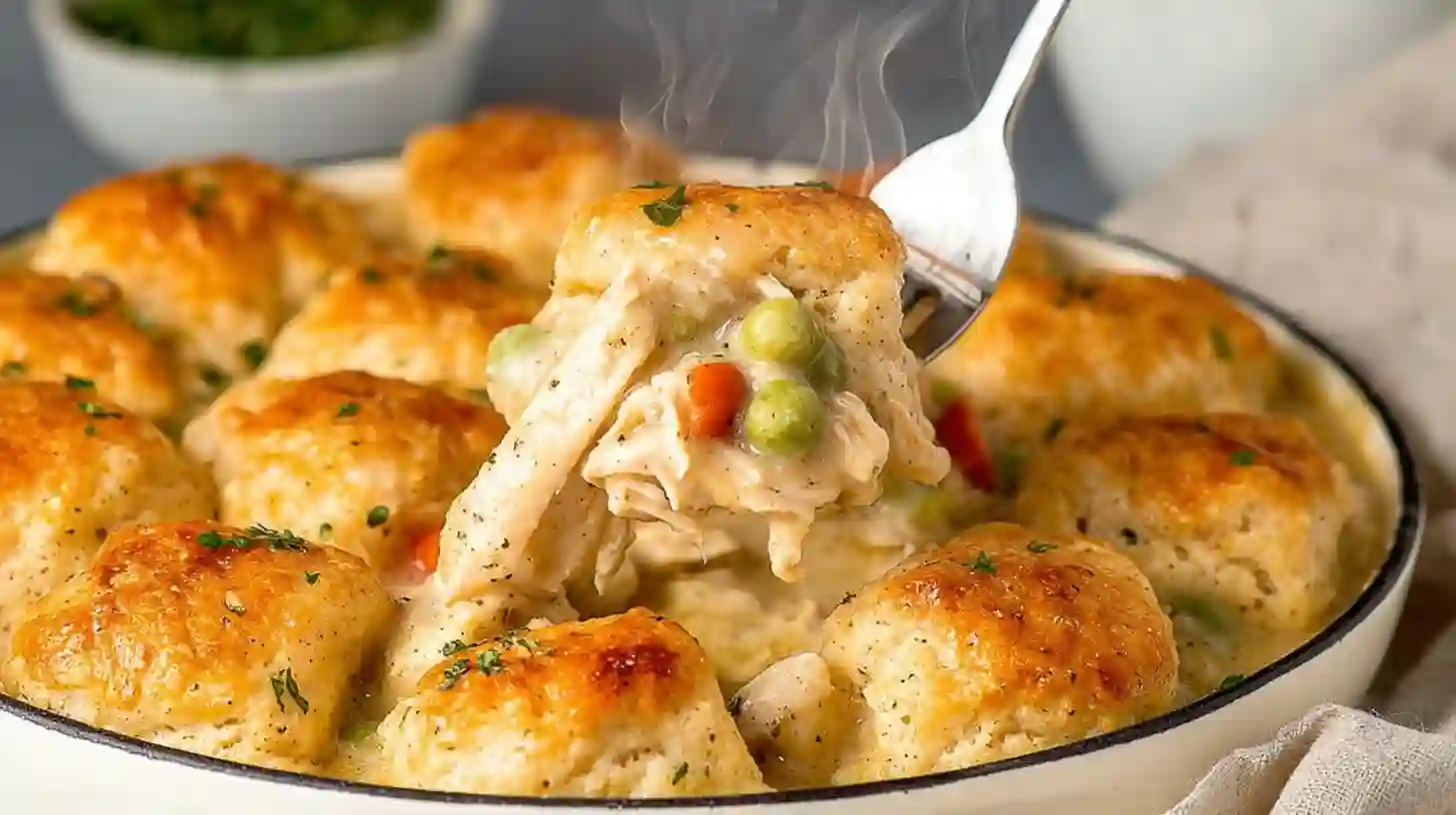 Chicken and dumplings with biscuits served hot from a skillet