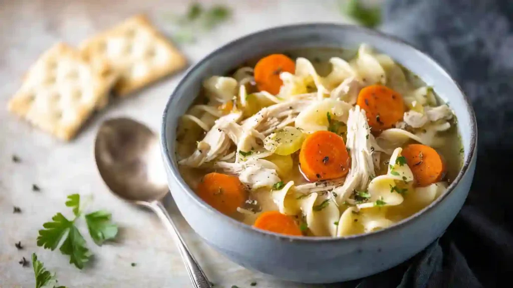chicken noodle soup cooking in a crockpot