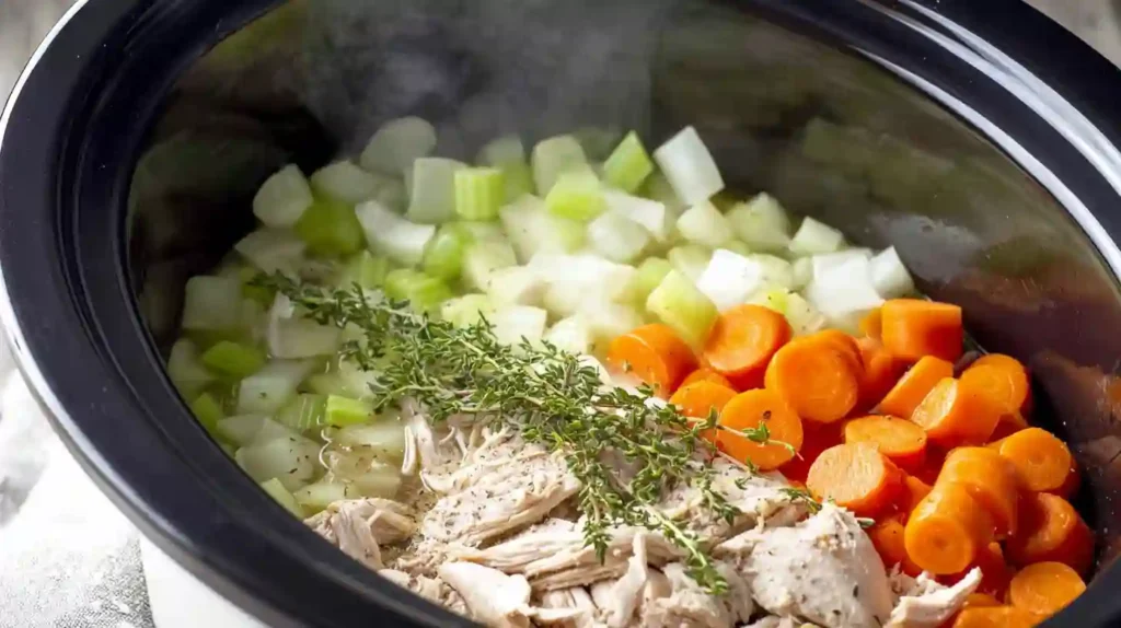 ingredients for crockpot chicken noodle soup on kitchen counter
