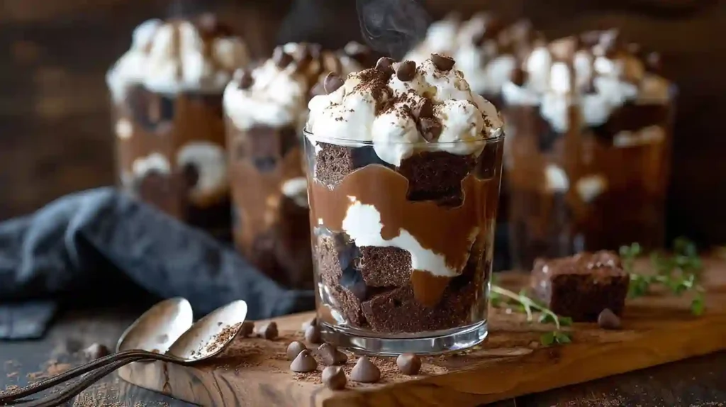 chocolate brownie trifle dessert in a glass bowl with layers of cream and ganache