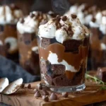 chocolate brownie trifle dessert in a glass bowl with layers of cream and ganache