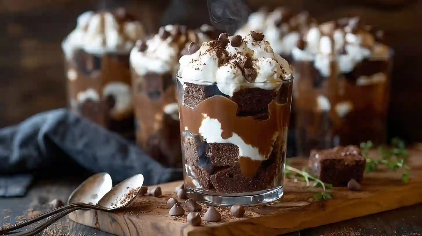 chocolate brownie trifle dessert in a glass bowl with layers of cream and ganache