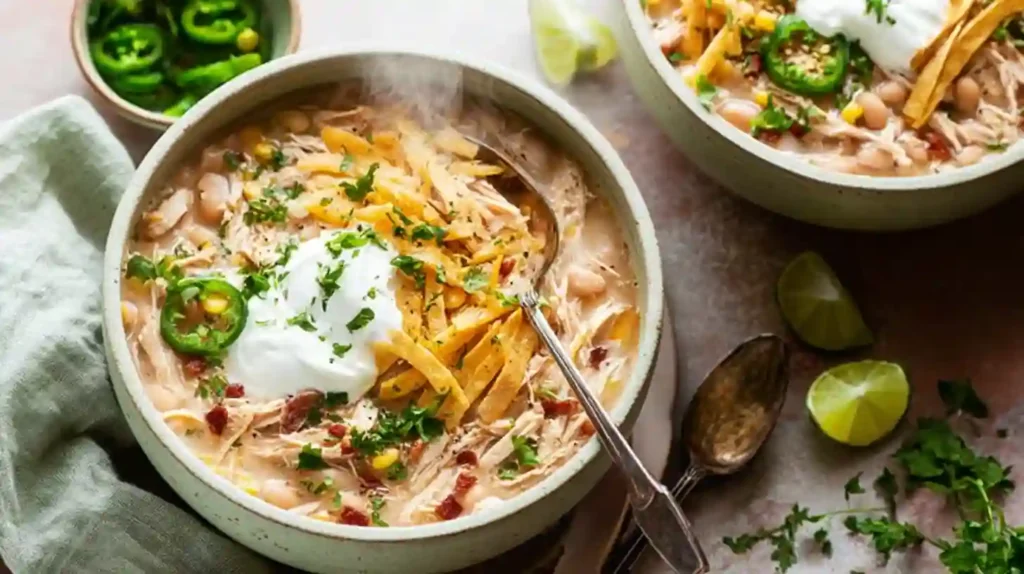 white chicken chili crockpot served in rustic bowl