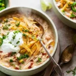 white chicken chili crockpot served in rustic bowl
