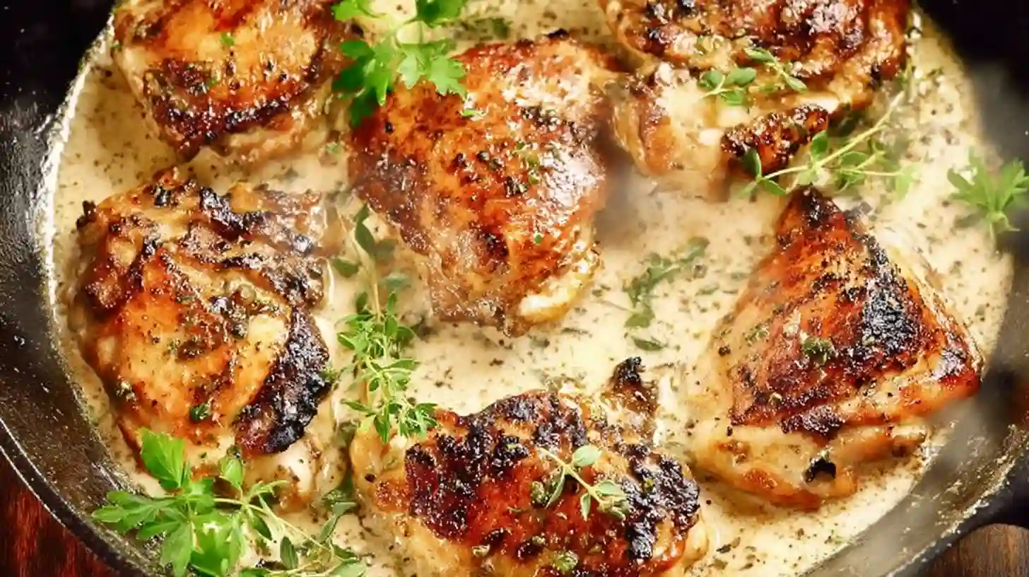 One pan boneless skinless chicken thigh recipes with creamy garlic mushroom sauce