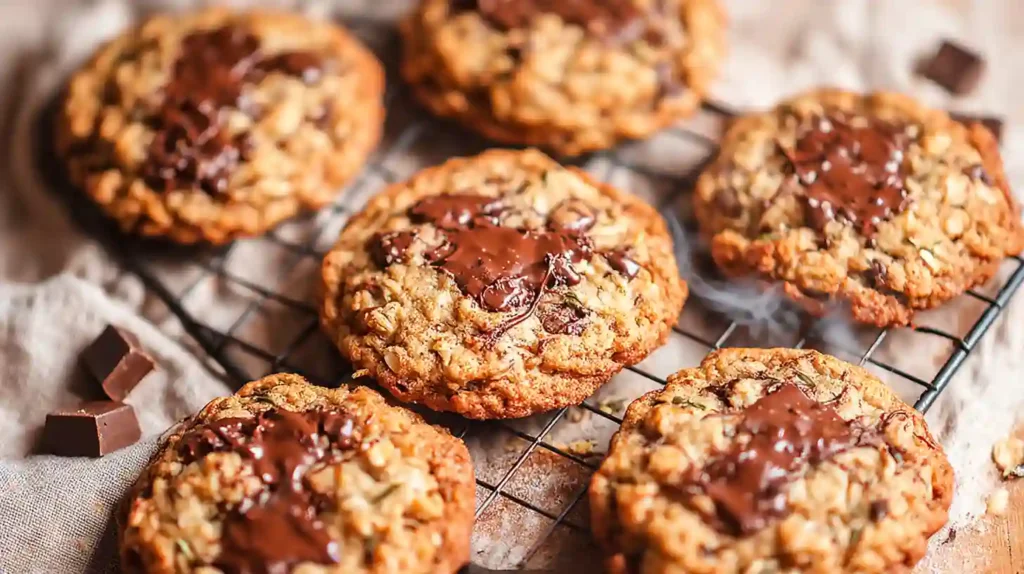 Best oatmeal chocolate chip cookie recipe batch fresh baked on a rustic kitchen counter