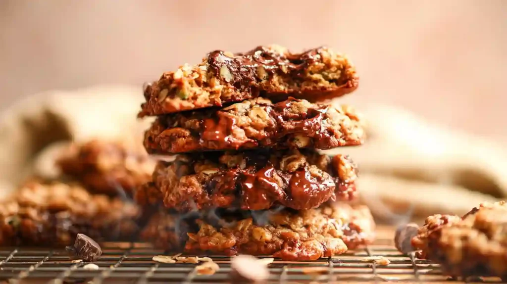 Gooey center of best oatmeal chocolate chip cookies with coffee