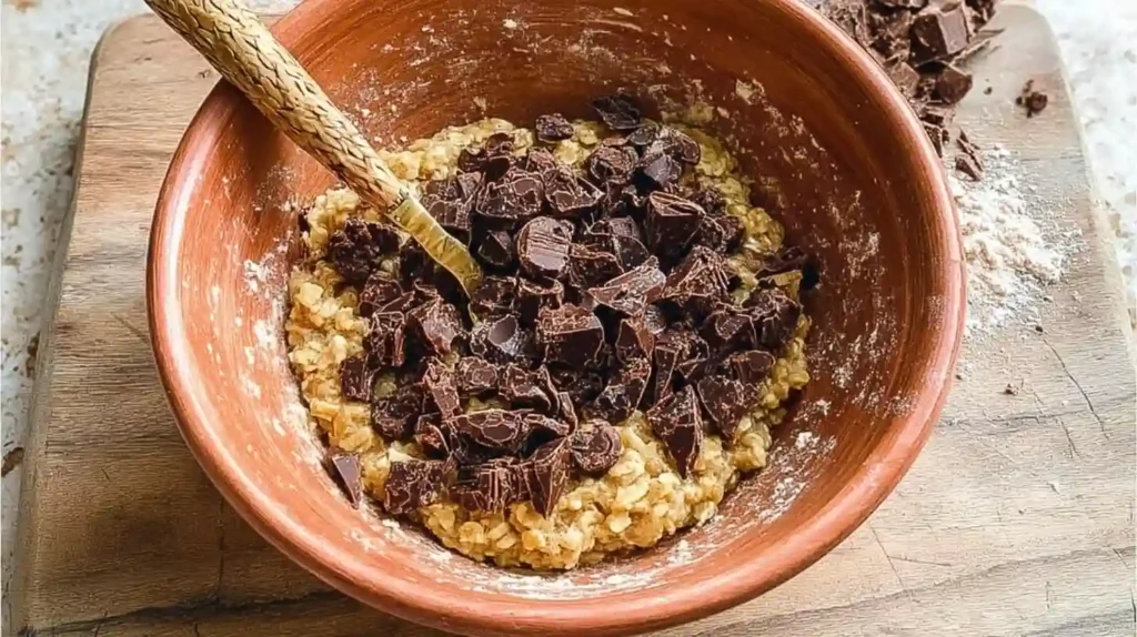 Mixing oatmeal chocolate chip cookie dough with toasted oats and chocolate