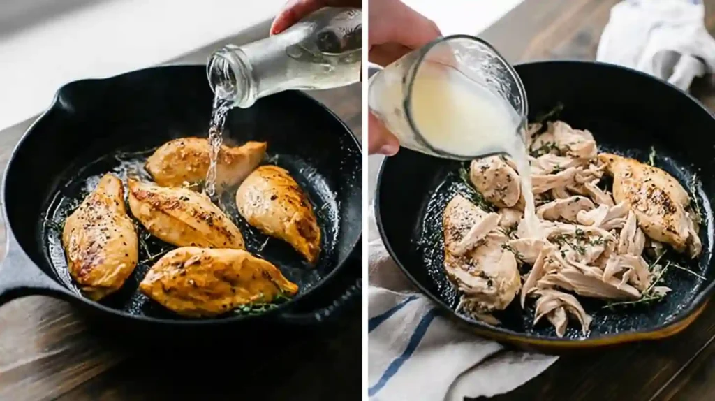 Shredded chicken recipe steps – cooking and adding broth in a skillet