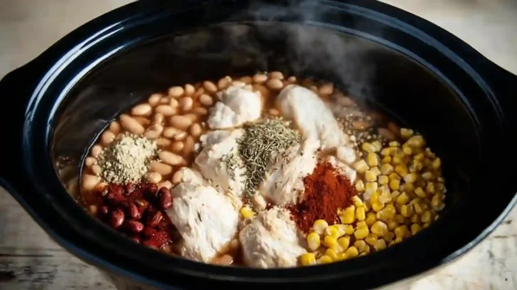 crockpot white chicken chili mid-cook