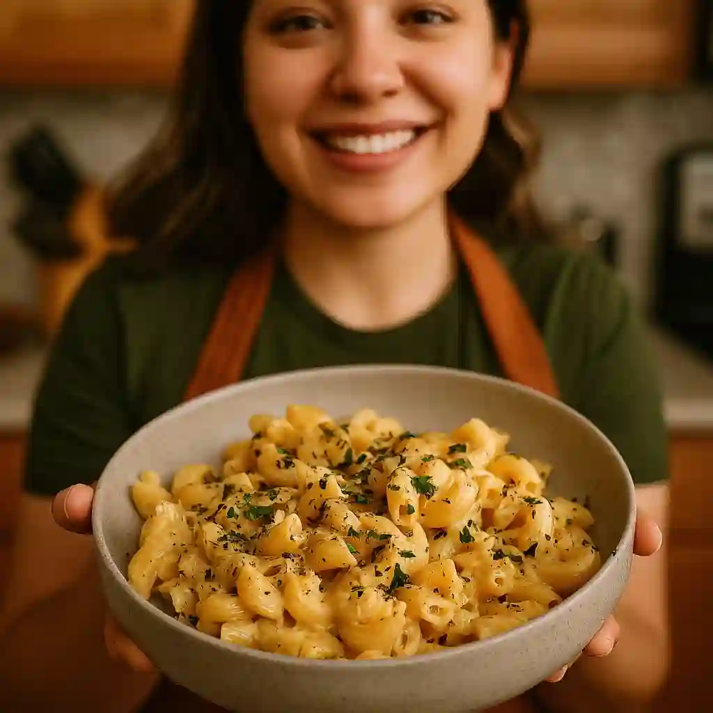A smiling home cook holding a bowl of creamy pasta in a cozy kitchen, showcasing easy comfort food and simple homemade recipes.