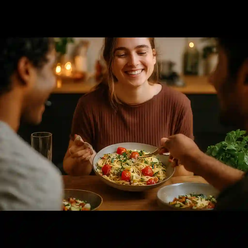A woman enjoying a bowl of homemade pasta at a cozy dinner table with friends, sharing comfort food and easy weeknight recipes.
